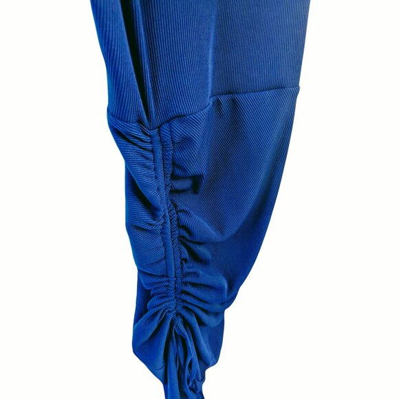 NWOT Royal Blue S Midi Dress Cross Back Spaghetti Strap Ruched Side Slit Bodycon - Picture 4 of 6